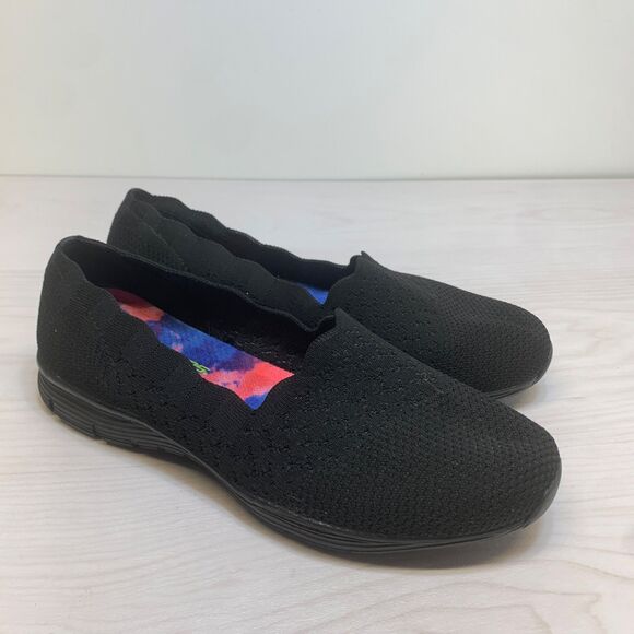 Skechers Seager Stat Flats Womens Size 9.5 Black Knit Slip On Memory Foam Shoes - Picture 1 of 9